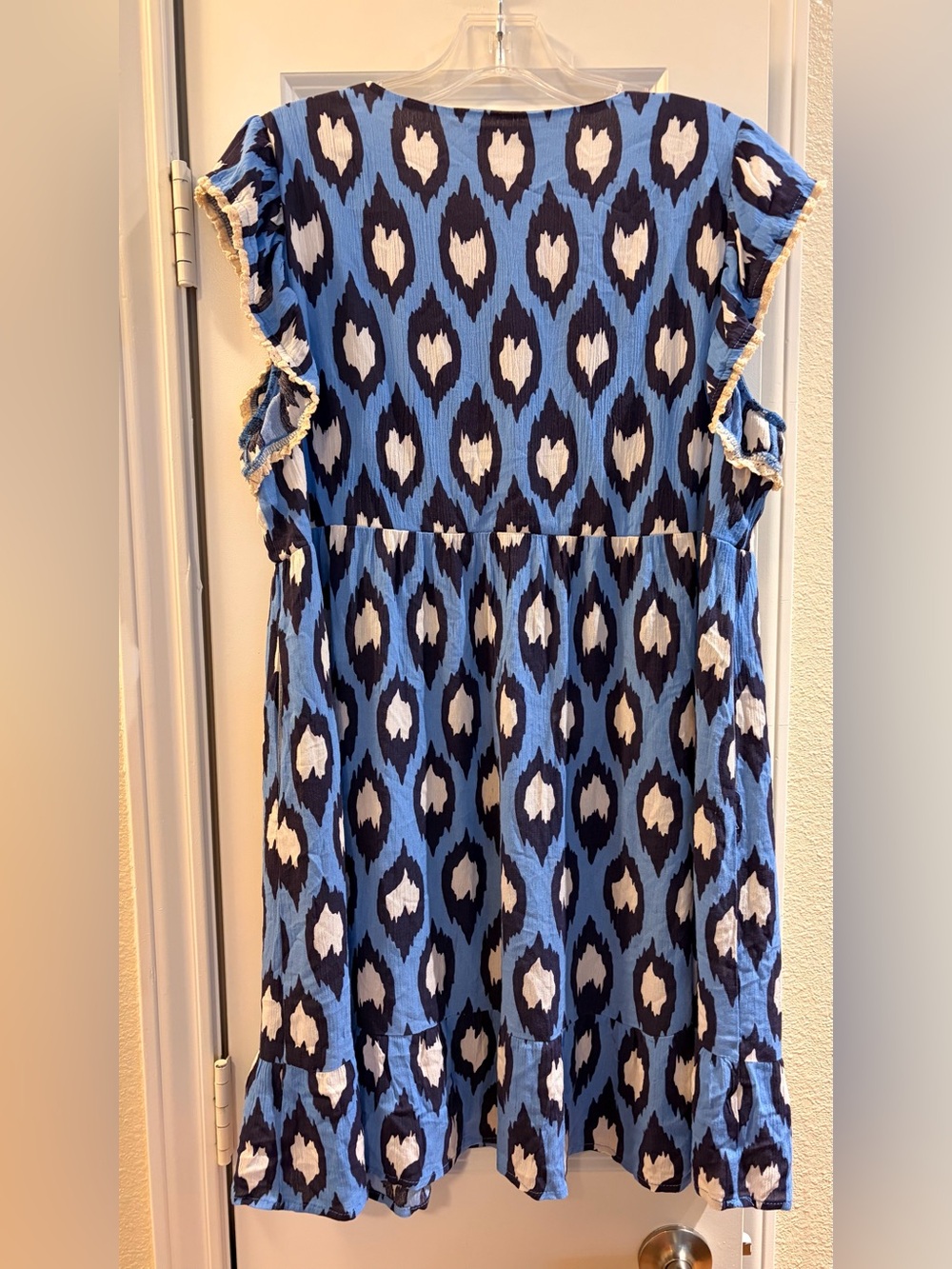THML Blue and White Patterned Women’s Dress with Red Floral Embroidered Yoke - Picture 2 of 4